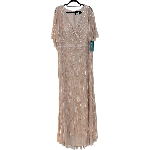 NEW MAC DUGGAL EMBELLISHED BLUSH CAP SLEEVE FAUX WRAP TRUMPET GOWN SIZE 16 - Picture 11 of 16
